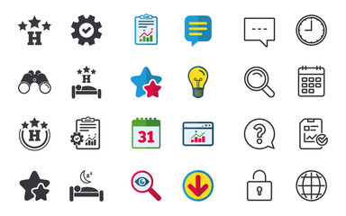 Fototapeta premium Three stars hotel icons. Travel rest place symbols. Human sleep in bed sign. Chat, Report and Calendar signs. Stars, Statistics and Download icons. Question, Clock and Globe. Vector