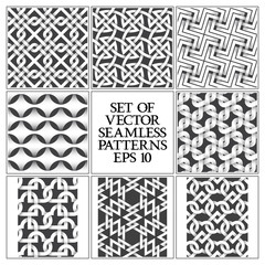 Set of monochrome seamless patterns. Swatches of abstract repeatable backgrounds.