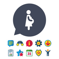 Pregnant sign icon. Women Pregnancy symbol. Information, Report and Speech bubble signs. Binoculars, Service and Download, Stars icons. Vector