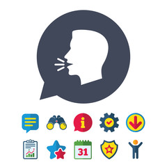 Talk or speak icon. Loud noise symbol. Human talking sign. Information, Report and Speech bubble signs. Binoculars, Service and Download, Stars icons. Vector