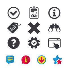 Information icons. Delete and question FAQ mark signs. Approved check mark symbol. Browser window, Report and Service signs. Binoculars, Information and Download icons. Stars and Chat. Vector