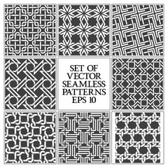 Set of monochrome seamless patterns. Swatches of abstract repeatable backgrounds.