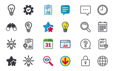 Light lamp icons. Lamp bulb with cogwheel gear symbols. Idea and success sign. Chat, Report and Calendar signs. Stars, Statistics and Download icons. Question, Clock and Globe. Vector