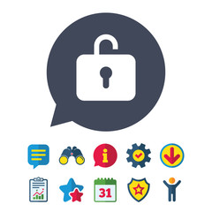 Obraz premium Lock sign icon. Login symbol. Information, Report and Speech bubble signs. Binoculars, Service and Download, Stars icons. Vector