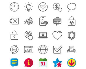 Report, Time and Globe line icons. Statistics, Speech bubble and Light bulb signs. Credit card, Download and Lock symbols. Gift delivery, Check and Protection Shield. Vector