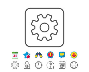 Cogwheel line icon. Service sign. Transmission Rotation Mechanism symbol. Calendar, Globe and Chat line signs. Binoculars, Award and Download icons. Editable stroke. Vector