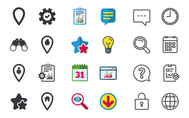 Map pointer icons. Home, food and user location symbols. Restaurant and cupcake signs. You are here. Chat, Report and Calendar signs. Stars, Statistics and Download icons. Question, Clock and Globe