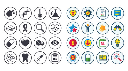 Set of Healthcare, Medicine and Diagnosis icons. Tooth, Pills and Syringe signs. Brain, Blood test and Thermometer symbols. Calendar, Report and Book signs. Stars, Service and Download icons. Vector