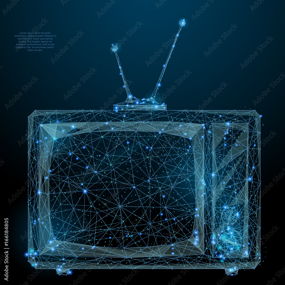 Poster abstract image of a retro tv in the form of a starry sky or space, consisting of points, lines, and 