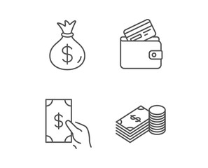 Money bag, Cash and Wallet line icons. Credit card, Currency and Coins signs. Banking and Dollar symbols. Quality design elements. Editable stroke. Vector