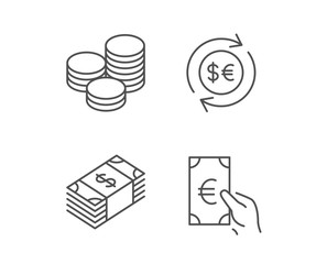 Money, Cash and Currency exchange line icons. Banking and Coins signs. Euro and Dollar symbols. Quality design elements. Editable stroke. Vector