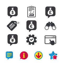 Money bag icons. Dollar, Euro, Pound and Yen speech bubbles symbols. USD, EUR, GBP and JPY currency signs. Browser window, Report and Service signs. Binoculars, Information and Download icons. Vector