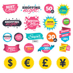 Fototapeta premium Sale shopping banners. Dollar, Euro, Pound and Yen currency icons. USD, EUR, GBP and JPY money sign symbols. Web badges, splash and stickers. Best offer. Vector