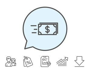 Transfer Cash money line icon. Banking currency sign. Dollar or USD symbol. Report, Sale Coupons and Chart line signs. Download, Group icons. Editable stroke. Vector