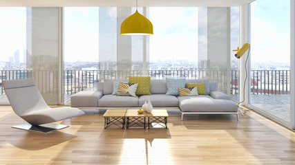 Modern bright living room, interiors. 3D rendering