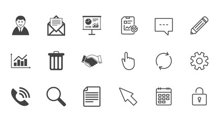 Office, documents and business icons. Businessman, handshake and call signs. Chart, presentation and mail symbols. Chat, Report and Calendar line signs. Service, Pencil and Locker icons. Vector