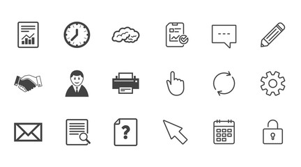 Office, documents and business icons. Deal, mail and businessman signs. Report, magnifier and brain symbols. Chat, Report and Calendar line signs. Service, Pencil and Locker icons. Vector