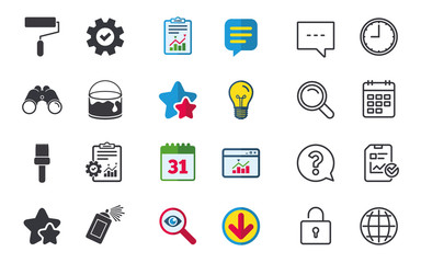 Painting roller, brush icons. Spray can and Bucket of paint signs. Wall repair tool and painting symbol. Chat, Report and Calendar signs. Stars, Statistics and Download icons. Vector