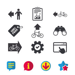 Pedestrian road icon. Bicycle path trail sign. Cycle path. Arrow symbol. Browser window, Report and Service signs. Binoculars, Information and Download icons. Stars and Chat. Vector