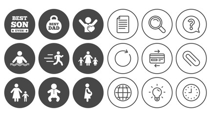 People, family icons. Swimming, baby and pregnant woman signs. Best dad, runner and fan symbols. Document, Globe and Clock line signs. Lamp, Magnifier and Paper clip icons. Vector