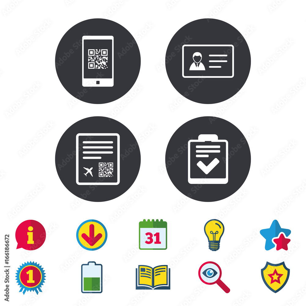 Poster qr scan code in smartphone icon. boarding pass flight sign. id card badge symbol. check or tick sign
