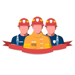 Obraz premium Flat vector illustration of a fire brigade. Firemen characters isolated on white background.