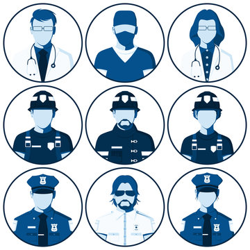 Avatar of people of emergency services. Flat icons with silhouettes of fireman, rescuer, doctor, surgeon, police officer, sheriff. Man and woman isolated on white. Vector illustration.