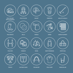 Horse polo flat line icons. Vector illustration of horses sport game, equestrian equipment - saddle, leather boots, harness, spurs. Linear signs set, championship pictograms for event, gear store.