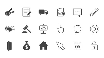 Real estate, auction icons. Handshake, for sale and money bag signs. Keys, delivery truck and door symbols. Chat, Report and Calendar line signs. Service, Pencil and Locker icons. Vector