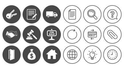 Real estate, auction icons. Handshake, for sale and money bag signs. Keys, delivery truck and door symbols. Document, Globe and Clock line signs. Lamp, Magnifier and Paper clip icons. Vector