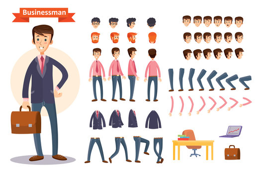 Set of vector cartoon illustrations for creating a character, businessman. Collection of faces, front, side and back view, emotions, hands and feet bent in different positions, clothes and accessories
