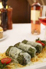 Dolmades arranged on a plate, Wine bottle and wineglass in background, Traditional dish in elegant setting, Selective focus with soft light