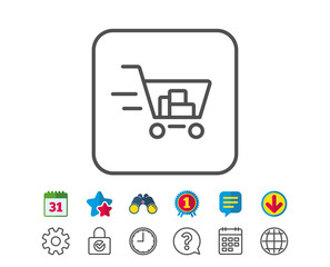 Delivery Service line icon. Shopping cart sign. Express Online buying. Supermarket basket symbol. Calendar, Globe and Chat line signs. Binoculars, Award and Download icons. Editable stroke. Vector