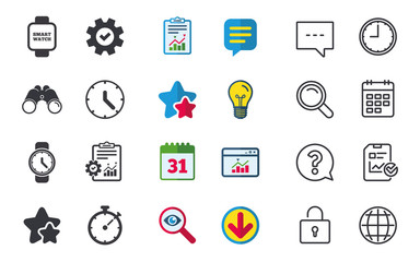 Smart watch icons. Mechanical clock time, Stopwatch timer symbols. Wrist digital watch sign. Chat, Report and Calendar signs. Stars, Statistics and Download icons. Question, Clock and Globe. Vector