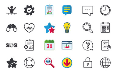 SOS lifebuoy icon. Heartbeat cardiogram symbol. Swimming sign. Man drowns. Chat, Report and Calendar signs. Stars, Statistics and Download icons. Question, Clock and Globe. Vector