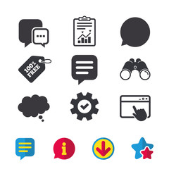 Chat icons. Comic speech bubble signs. Communication think symbol. Browser window, Report and Service signs. Binoculars, Information and Download icons. Stars and Chat. Vector