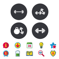 Dumbbells sign icons. Fitness sport symbols. Gym workout equipment. Calendar, Information and Download signs. Stars, Award and Book icons. Light bulb, Shield and Search. Vector