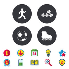 Football ball, Roller skates, Running icons. Fitness sport symbols. Gym workout equipment. Calendar, Information and Download signs. Stars, Award and Book icons. Light bulb, Shield and Search. Vector