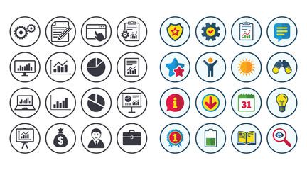 Set of Statistics, Accounting and Report icons. Charts, Presentation and Pie-chart signs. Analysis, Money bag and Business case symbols. Calendar, Report and Book signs. Vector