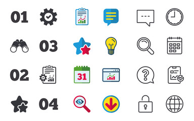 Step one, two, three and four icons. Sequence of options symbols. Loading process signs. Chat, Report and Calendar signs. Stars, Statistics and Download icons. Question, Clock and Globe. Vector