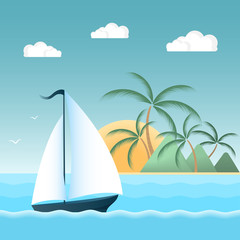 Fototapeta na wymiar Sail boat on the waves. Tropical island with palm trees and mountains. The sun, the clouds, the seagulls. Summer holiday concept.