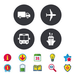 Transport icons. Truck, Airplane, Public bus and Ship signs. Shipping delivery symbol. Air mail delivery sign. Calendar, Information and Download signs. Stars, Award and Book icons. Vector