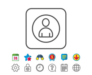 User line icon. Profile Avatar sign. Person silhouette symbol. Calendar, Globe and Chat line signs. Binoculars, Award and Download icons. Editable stroke. Vector