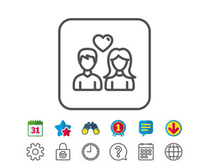 Couple with Heart line icon. Users Group sign. Male and Female Person silhouette symbol. Calendar, Globe and Chat line signs. Binoculars, Award and Download icons. Editable stroke. Vector