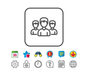 Group line icon. Users or Teamwork sign. Male Person silhouette symbol. Calendar, Globe and Chat line signs. Binoculars, Award and Download icons. Editable stroke. Vector