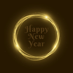 Happy new year. Abstract glowing golden banner of neon woven stripes. Gold dust. Celebratory banner