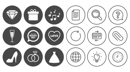 Wedding, engagement icons. Rings, gift box and brilliant signs. Dress, shoes and musical notes symbols. Document, Globe and Clock line signs. Lamp, Magnifier and Paper clip icons. Vector