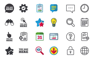 You are here icons. Info speech bubble symbol. Map pointer with your location sign. Hand cursor. Chat, Report and Calendar signs. Stars, Statistics and Download icons. Question, Clock and Globe