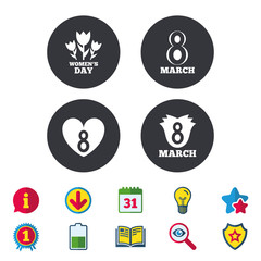 8 March Women's Day icons. Tulips or rose flowers bouquet and heart sign symbols. Calendar, Information and Download signs. Stars, Award and Book icons. Light bulb, Shield and Search. Vector