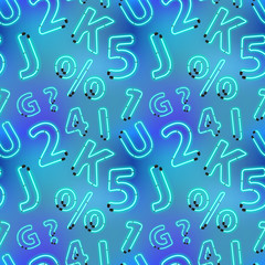 Bright realistic neon letters on blue abstract seamless pattern